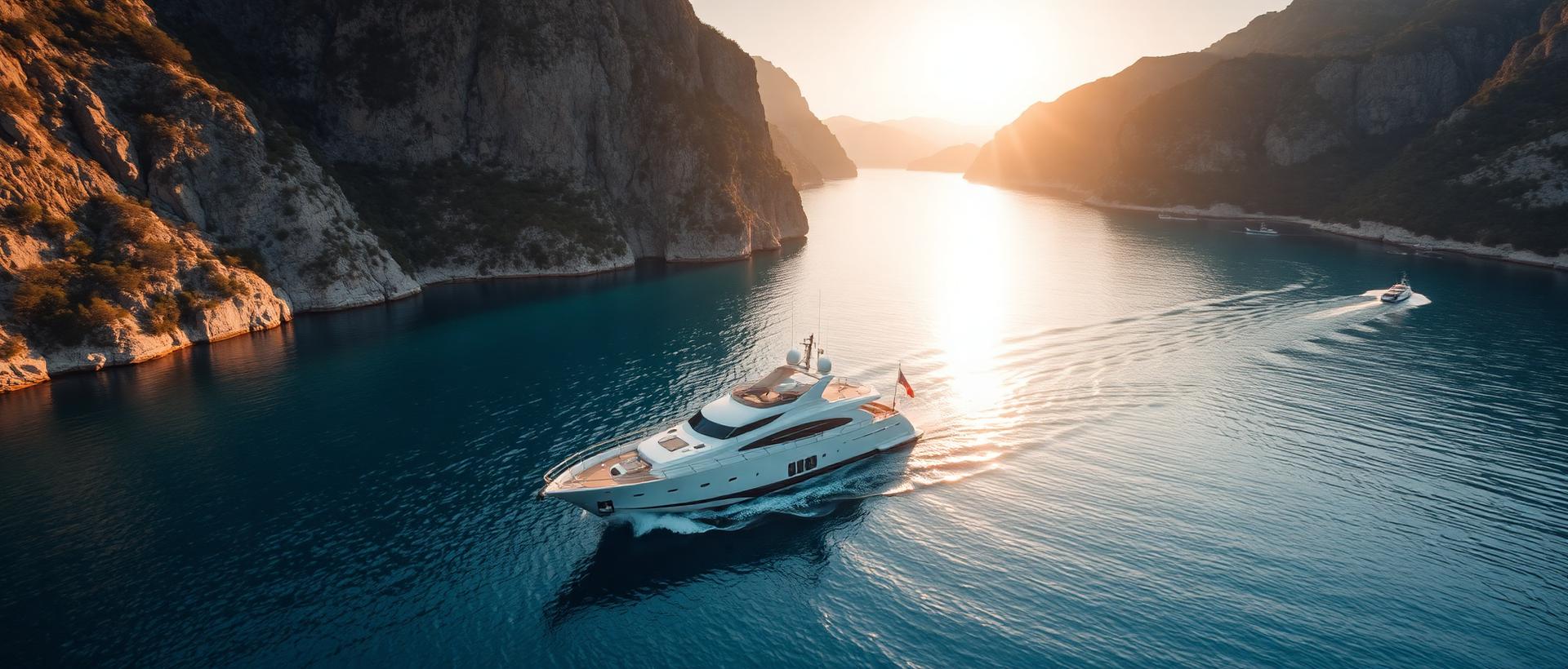 A superyacht cruising Boka Bay, Montenegro at sunset